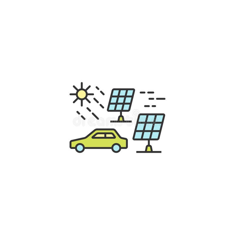 Zonne-energie voor het elektrische overzicht van het autopictogram, lineair, editable slag vectorvoorwerp vector illustratie Zonne-energie voor het elektrische overzicht van het autopictogram, lineair, editable slag vectorvoorwerp vector illustratie