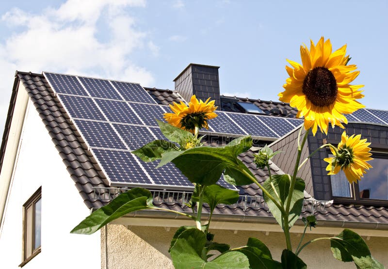 Zonnecellen op een dak met zonbloemen stock afbeelding Zonnecellen op een dak met zonbloemen stock afbeelding