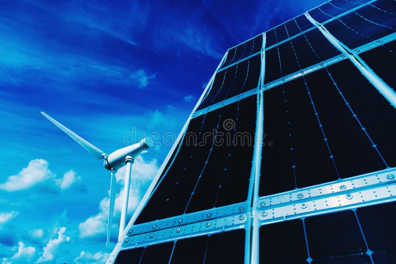 Zonnepaneel en windturbine tegen de blauwe lucht. alternatieve energiebronnen in de moderne wereld. selectieve focus