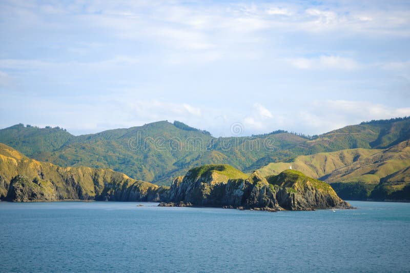 Zonnige dag met Aardachtergrond Klein eiland in Nieuw Zeeland Heuvels en bergen in de zomer