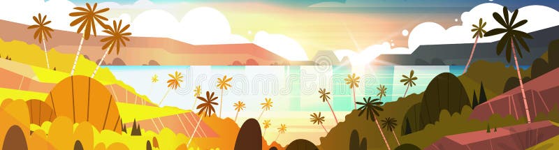 Zonsondergang op Tropische de Zomerkust van het Strand Mooie Landschap met Palmen Horizontale Banner stock illustratie Zonsondergang op Tropische de Zomerkust van het Strand Mooie Landschap met Palmen Horizontale Banner stock illustratie