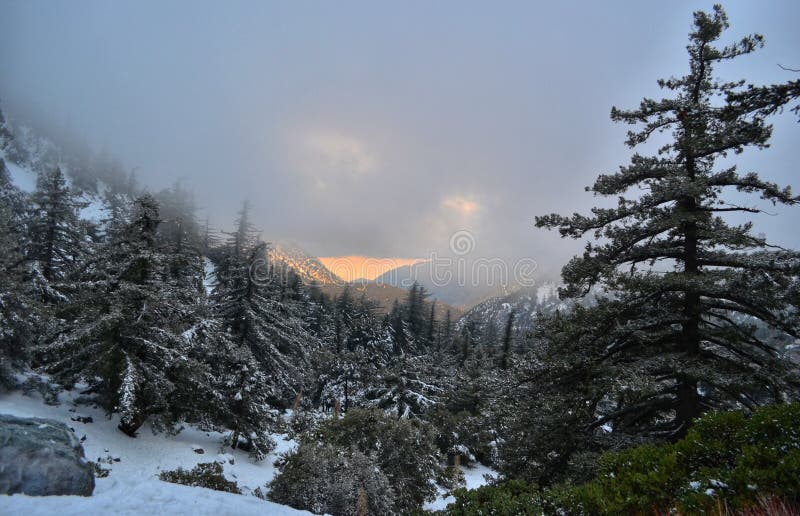 Zonsondergang over Onderstel Baldy - de nationale bos 30 mijlen van Angeles van Los Angeles van de binnenstad royalty-vrije stock afbeeldingen Zonsondergang over Onderstel Baldy - de nationale bos 30 mijlen van Angeles van Los Angeles van de binnenstad royalty-vrije stock afbeeldingen