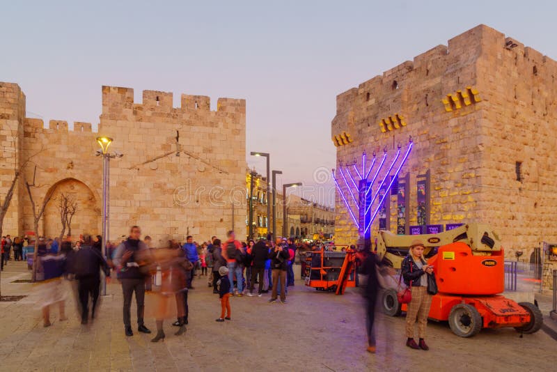 Zonsondergangscène van de Jaffa-poort, Jeruzalem stock foto Zonsondergangscène van de Jaffa-poort, Jeruzalem stock foto