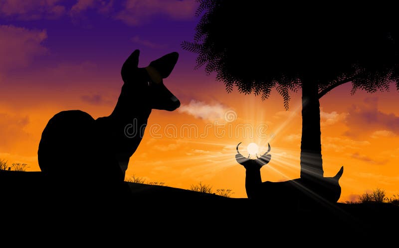 Sunrise in cool weather with deer snorting clouds of vapor from their breath is seen in this 3-d illustration. Sunrise in cool weather with deer snorting clouds of vapor from their breath is seen in this 3-d illustration