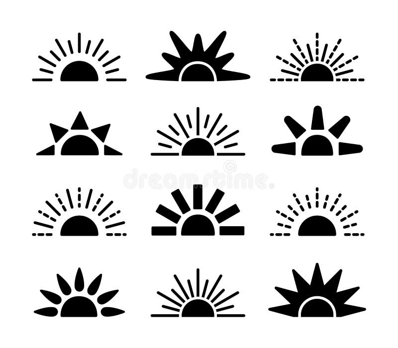 Zonsopgang & zonsondergangsymboolinzameling Horison vlakke vectorpictogrammen De tekens van het ochtendzonlicht Ge?soleerd Voorwe stock illustratie Zonsopgang & zonsondergangsymboolinzameling Horison vlakke vectorpictogrammen De tekens van het ochtendzonlicht Ge?soleerd Voorwe stock illustratie