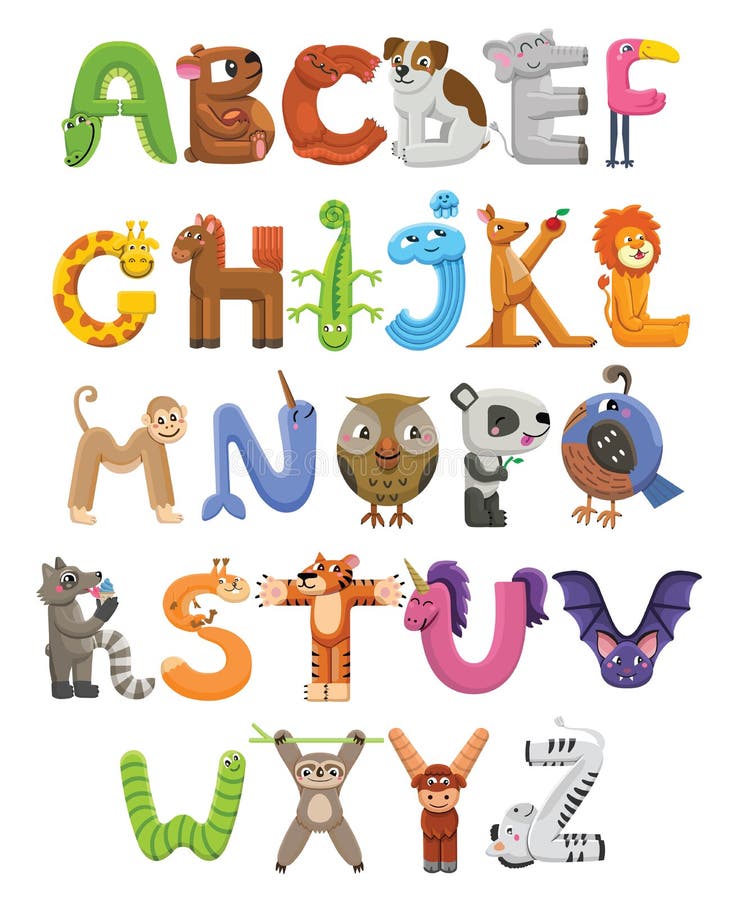 Zoo alphabet. Animal alphabet. Letters from A to Z. Cartoon cute animals isolated on white background