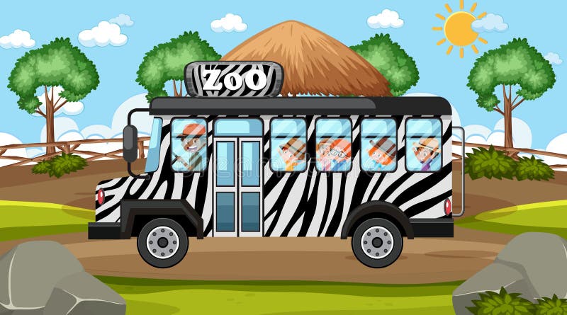 Zoo at Day Time Scene with Many Kids in a Bus Stock Illustration -  Illustration of transportation, animal: 220677335