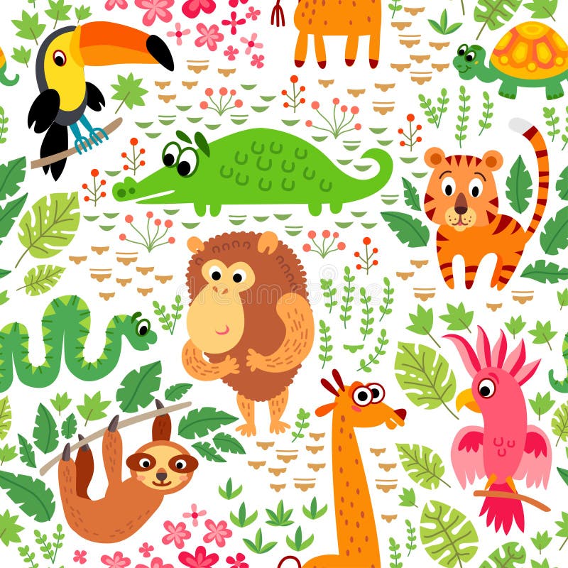 zoo Djungelmodell Sömlös tropisk vektorbakgrund stock illustrationer zoo Djungelmodell Sömlös tropisk vektorbakgrund stock illustrationer