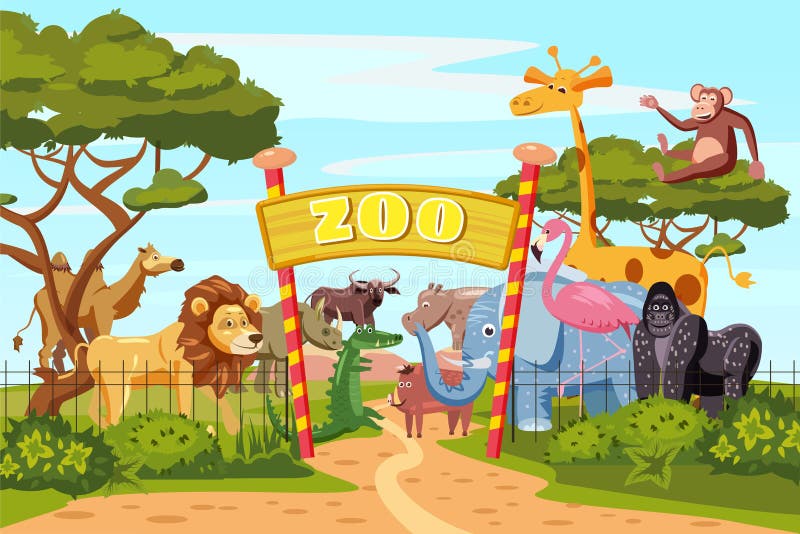 Zoo entrance gates cartoon poster with elephant giraffe lion safari animals and visitors on territory vector