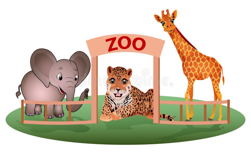 Zoo entrance gates cartoon poster with elephant giraffe and tiger animals isolated on the white background. Flat style.