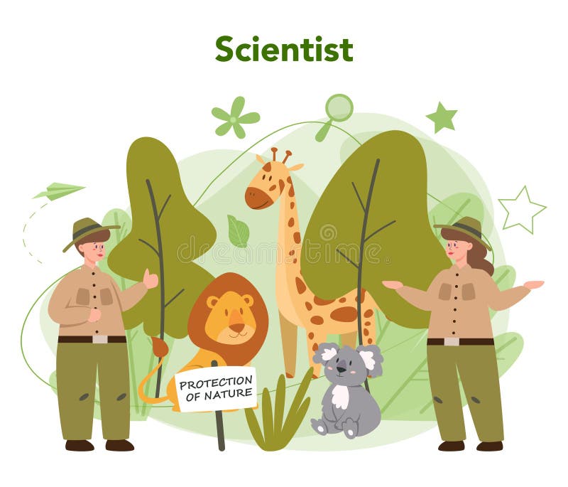 Zoologist Concept. Scientist Exploring and Studying Fauna Stock Vector
