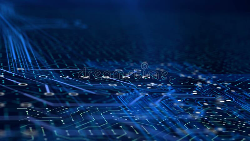 Zoom in microchip on circuit board modern nano technology, working computer royalty free illustration