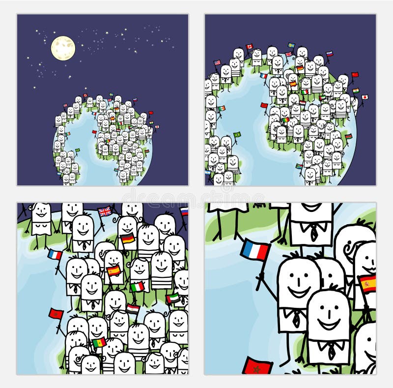 Zoom na kreskówek Światowych ludziach z flaga ilustracja wektor Zoom na kreskówek Światowych ludziach z flaga ilustracja wektor