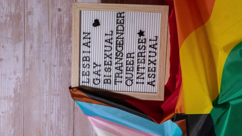 Zoom vertical hacia fuera lgbtqia descripción marco sobre la bandera lgbtqia arcoiris hecha de material seda. bisexual gay lesbian