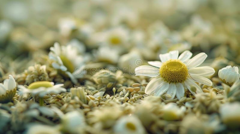 A zoomedin view of a single chamomile flower resting on a bed of dried chamomile buds exuding a calming scent stock images