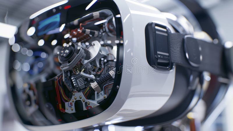 A zoomedin view of a virtual reality headset showcasing a detailed simulation of a robots inner workings stock photo