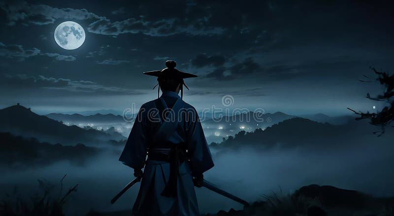 Zoomer sur les images d'un samouraï debout sur une colline pendant une pleine lune illustration stock