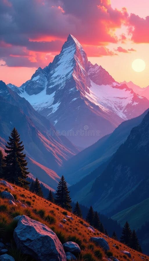 Zorii Crimson fac baie de zăpadă cu vârful acoperit de vârfurile vaste văi care dezvăluie lumina purpurie a imaginii royalty free illustration