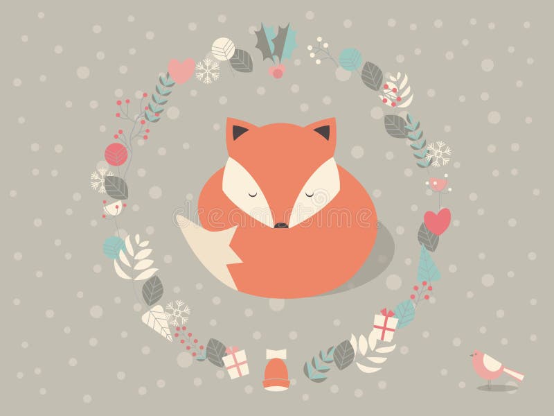 Zorro soñoliento lindo de la Navidad rodeado con la decoración floral ilustración del vector Zorro soñoliento lindo de la Navidad rodeado con la decoración floral ilustración del vector
