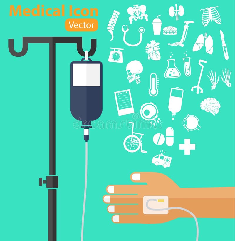 Zoute oplossingszak met pool, geduldige s-hand, IV buis, medisch pictogram royalty-vrije illustratie Zoute oplossingszak met pool, geduldige s-hand, IV buis, medisch pictogram royalty-vrije illustratie