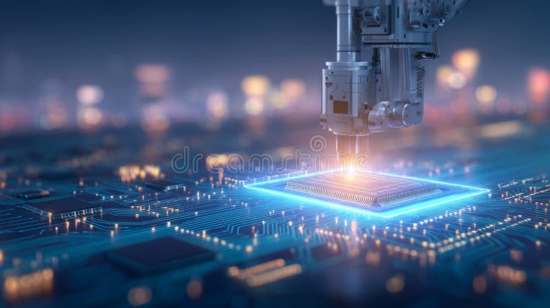 Zrobotyzowane ramię montujące mikrochipy na przenośniku płytki świecącej obwodu. Generacyjna AI
