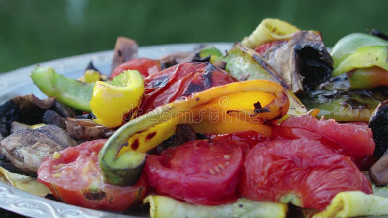 Λαχανικά σε σχάρα: πιπεριές, ντομάτες, μανιτάρια, zucchini, στοιβαγμένες σε δίσκο έξω φιλμ μικρού μήκους