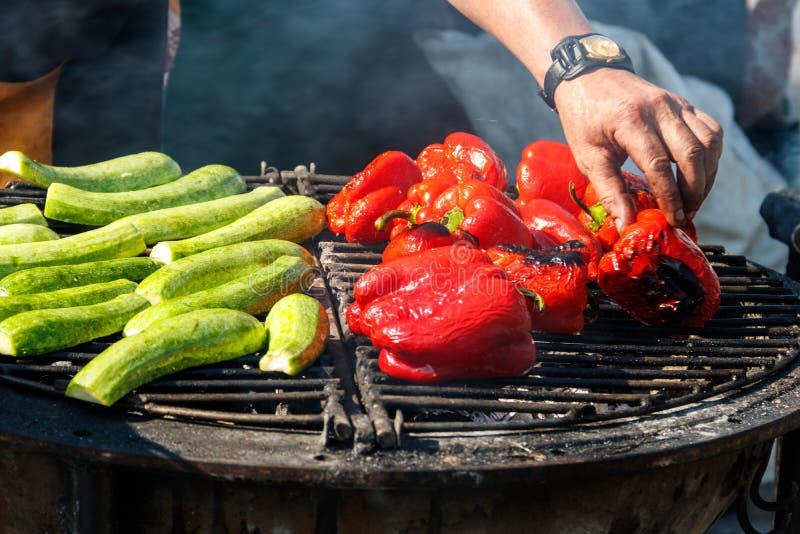 Zucchini and Bell Peppers Cooking on a Grill Stock Image Image of