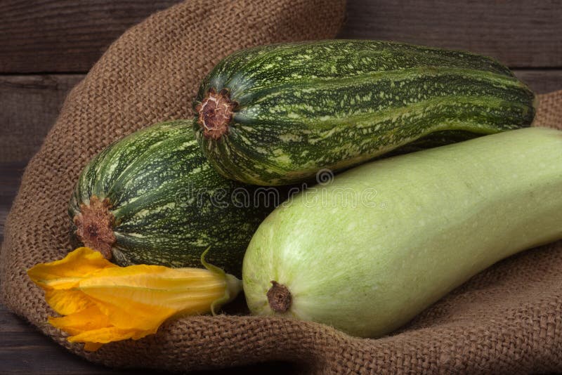 Zucchini and courgette on sackcloth with flower royalty free stock photos Zucchini and courgette on sackcloth with flower royalty free stock photos