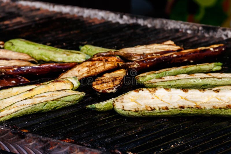 Zucchini and Eggplants Cooking on a Grill Stock Photo Image of