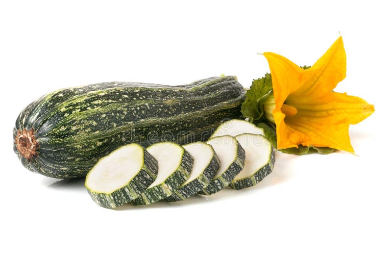 Zucchini with Leaf and Flower Isolated on White Background Stock Photo