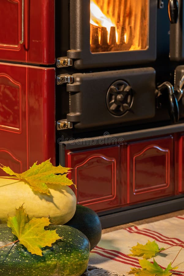 Zucchini and Yellow Maple Leaves in Front of the Stove with Fire Stock