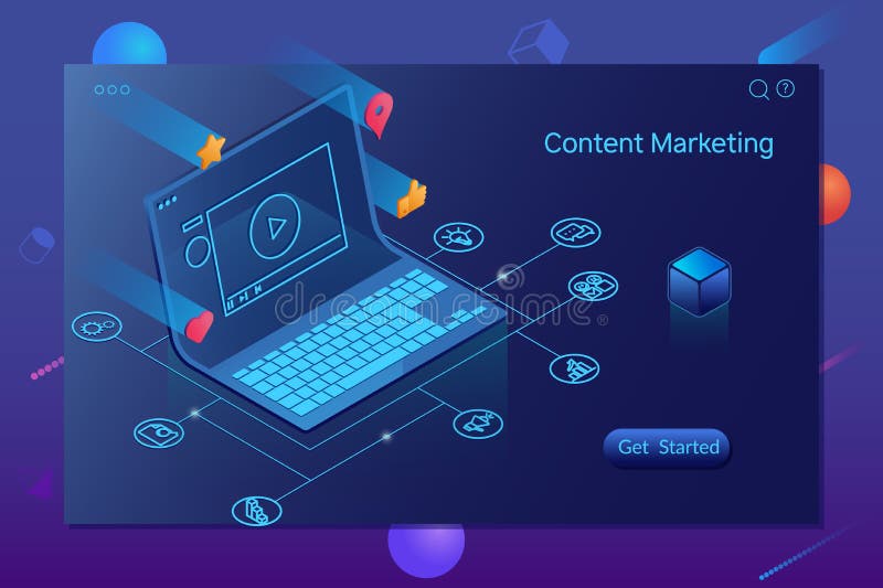 Zufriedenes Marketing, Bloggen und SMM-Konzept Landungs-Seite vektor abbildung Zufriedenes Marketing, Bloggen und SMM-Konzept Landungs-Seite vektor abbildung