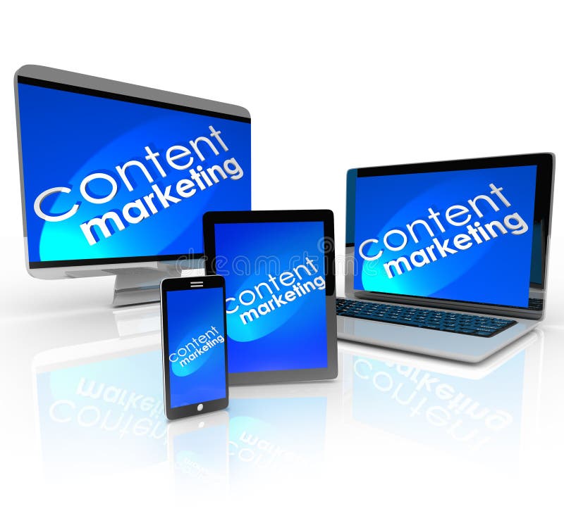 Content Marketing words and background on computer devices -- laptop, desktop, smart phone and tablet -- to illustrate many forms of audience and customer outreach in digital and online media. Content Marketing words and background on computer devices -- laptop, desktop, smart phone and tablet -- to illustrate many forms of audience and customer outreach in digital and online media