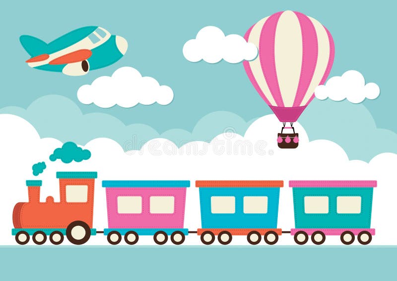 Zug, Heißluft-Ballon und Flugzeug