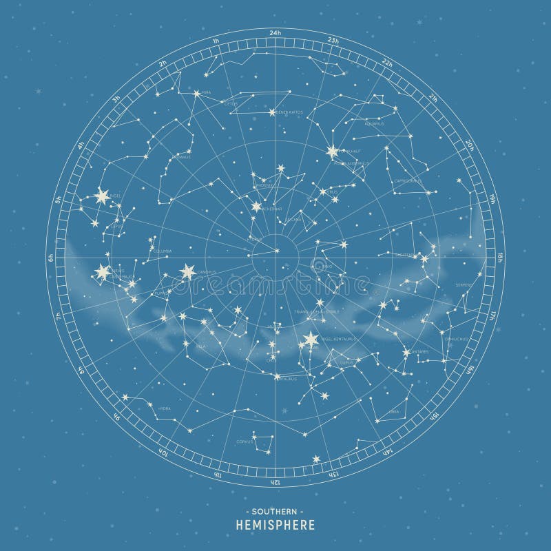 Southern hemisphere. High detailed star map of vector constellations. Astrological celestial map with symbols and signs of zodiac. Southern hemisphere. High detailed star map of vector constellations. Astrological celestial map with symbols and signs of zodiac