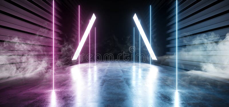 Zuk? nftige Sci FI rauchen Neonlaser-Raumschiff-zuk? nftiger dunkler Korridor-gl? hende purpurrote rote blaue konkrete Schmutz-Halle stock abbildung