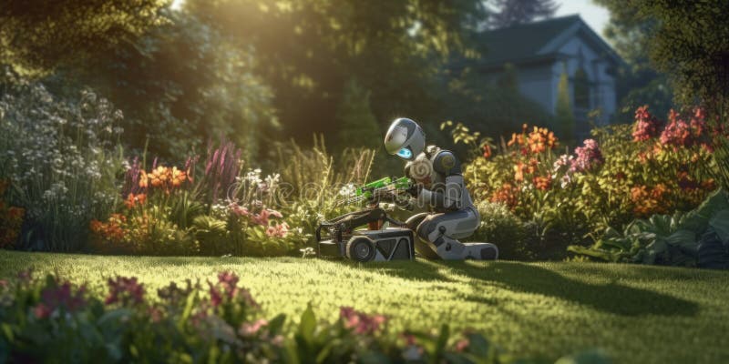 Zukunft des Gärtnens humanoider Robotergärtner bei der Arbeit stock abbildung