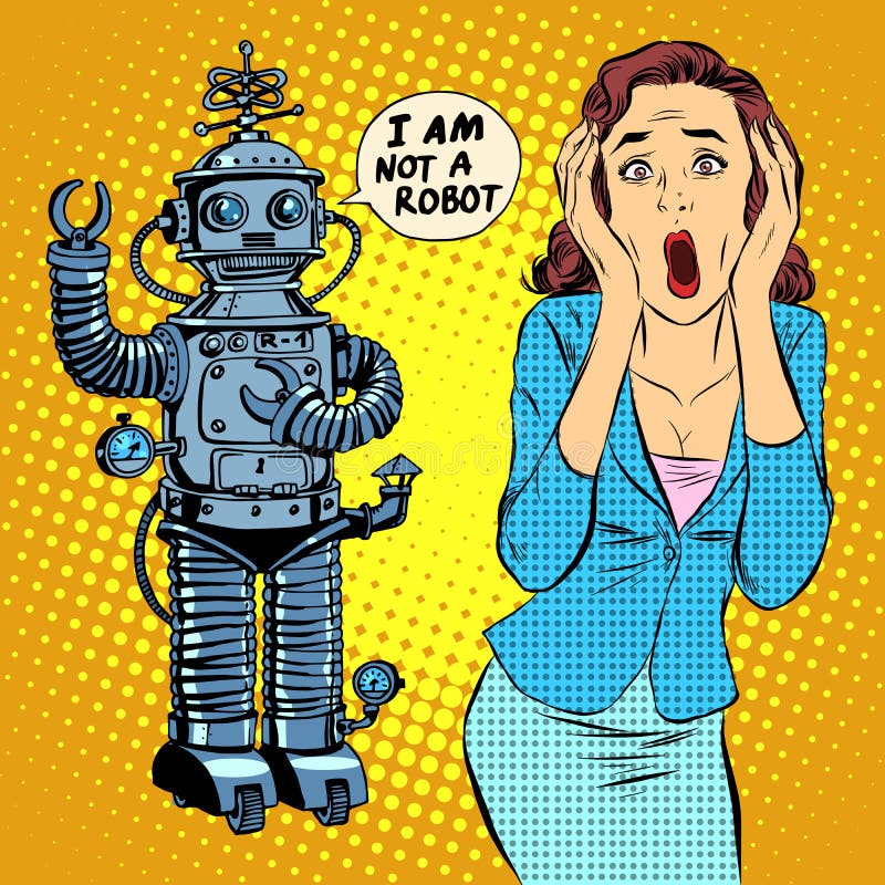 Zukunftsroman-Horrorroboter-Frauenpanik stock abbildung Zukunftsroman-Horrorroboter-Frauenpanik stock abbildung