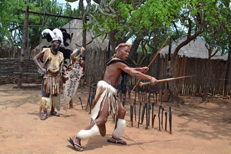 Zulu warriors stick-fighting, Shakaland, South Africa Stock Photo