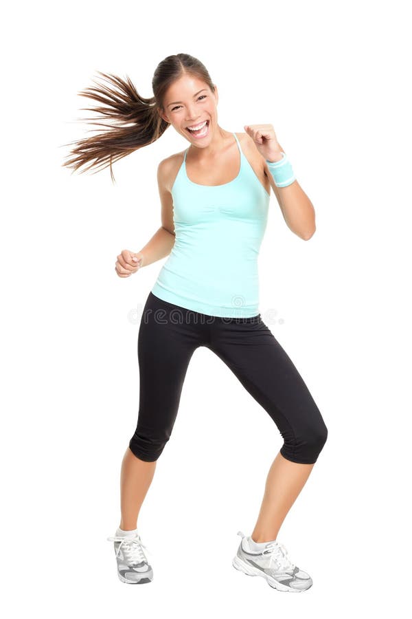 Dancing fitness woman exercising zumba dance aerobics in full length isolated on white background. Mixed race Asian Caucasian female model. Dancing fitness woman exercising zumba dance aerobics in full length isolated on white background. Mixed race Asian Caucasian female model.