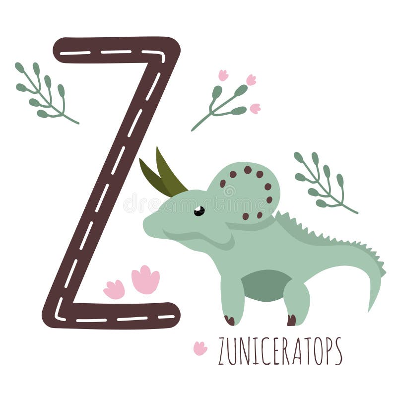 Zuniceratops. Letter Z with reptile name. Hand drawn cute dinosaur. Educational prehistoric illustration. Dino alphabet. vector illustration