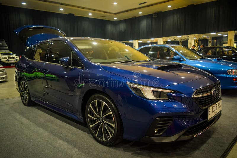 Yogyakarta Indonesia October 22 2023 station wagon version of current subaru wrx. Powered by 2.4 L FA24F turbo H4 produced 256 horsepower and sent to all wheel drive. Yogyakarta Indonesia October 22 2023 station wagon version of current subaru wrx. Powered by 2.4 L FA24F turbo H4 produced 256 horsepower and sent to all wheel drive