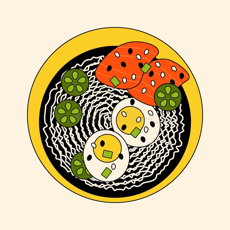 Zuppa di spaghetti ramen. spaghetti asiatici tradizionali in una ciotola di zuppa cibo giapponese con brodo e spezie con farina ca illustrazione di stock