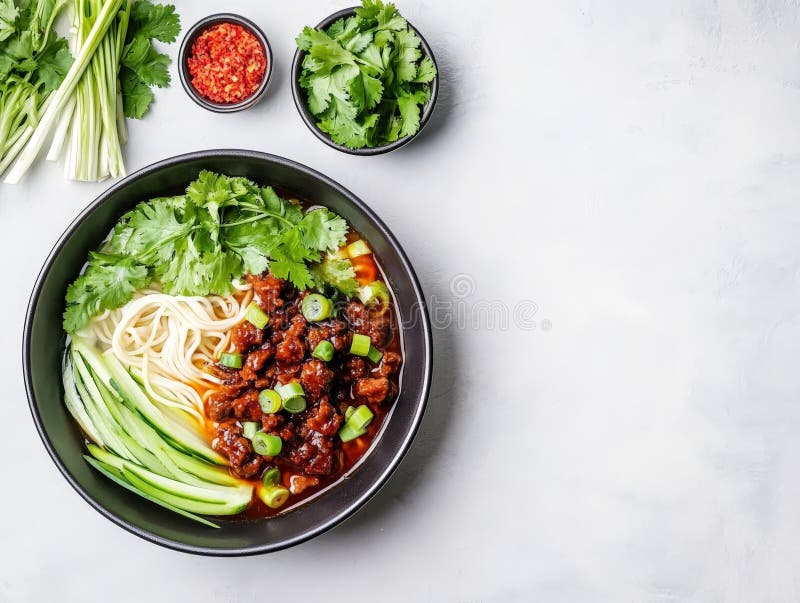 Zuppa di spaghetti thai con carne macinata di maiale fresca erbe di amido e di peperoncino vibranti servita in una ciotola bianca illustrazione vettoriale