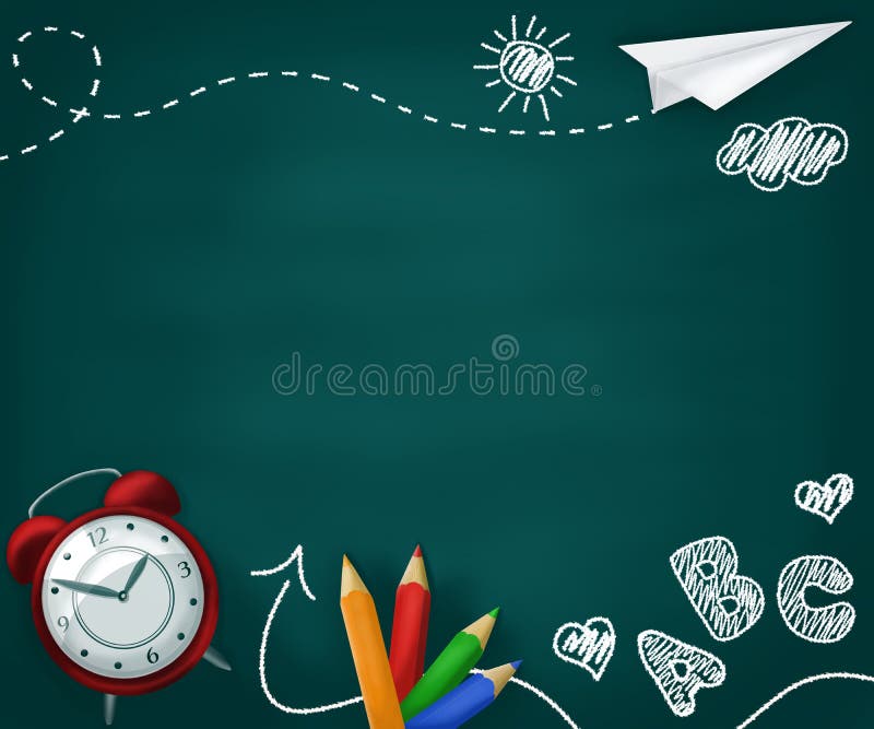Zur?ck zu Schulekonzepthintergrund Realistischer Schulbedarf auf einer grünen Tafel mit den Zeichnungen der Kinder stock abbildung Zur?ck zu Schulekonzepthintergrund Realistischer Schulbedarf auf einer grünen Tafel mit den Zeichnungen der Kinder stock abbildung