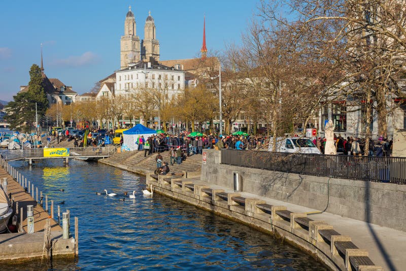 Embankment of the Limmat river during the Zurich Samichlaus-Schwimmen swimming event