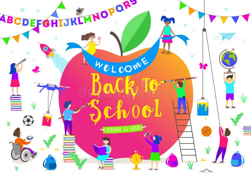 Zurück zu Schuleabbildung Gruppe aktive Kinder um einen riesigen Apfel Kindercharaktere, die verschiedene Tätigkeiten tun vektor abbildung Zurück zu Schuleabbildung Gruppe aktive Kinder um einen riesigen Apfel Kindercharaktere, die verschiedene Tätigkeiten tun vektor abbildung