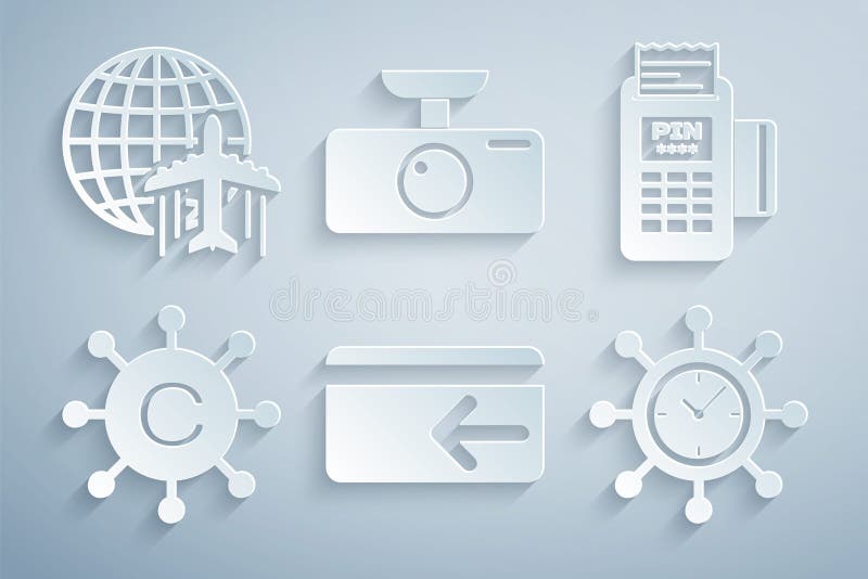 Zurücksetzen des POS-Terminals Copywriting-Netzwerk Uhr und Getriebe Auto-DVR und Globe mit Flugzeug-Symbol. Vector vektor abbildung