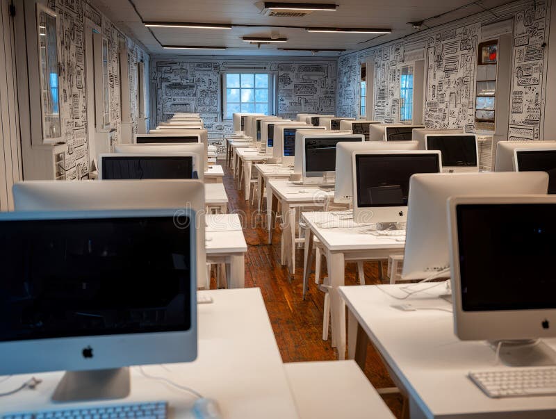 Zusammenfassung Computerunterricht mit leeren Schreibtischen und Monitoren in Reihen, die das Online-Lernen für Korbanalytik symbo lizenzfreie stockbilder
