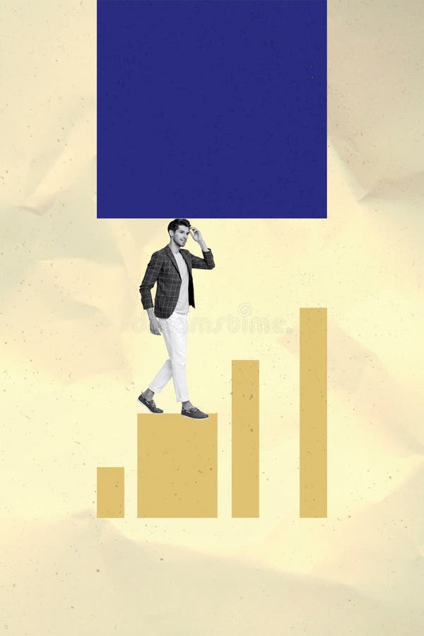 Zusammengesetzte Collage von Personen gehen große Graphen in quadratischer Form auf gelbem Hintergrund lizenzfreie stockbilder